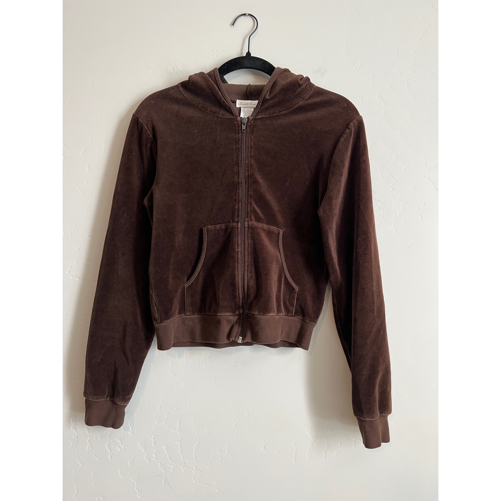 Charlotte Russe Y2k Chocolate Brown Velour Velvet Zip Up Hoodie Women's Size L